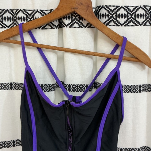 Y2K Vintage Speedo One Piece Swimsuit Women's M Black Purple Zip Front 90s 2000s - Picture 3 of 5